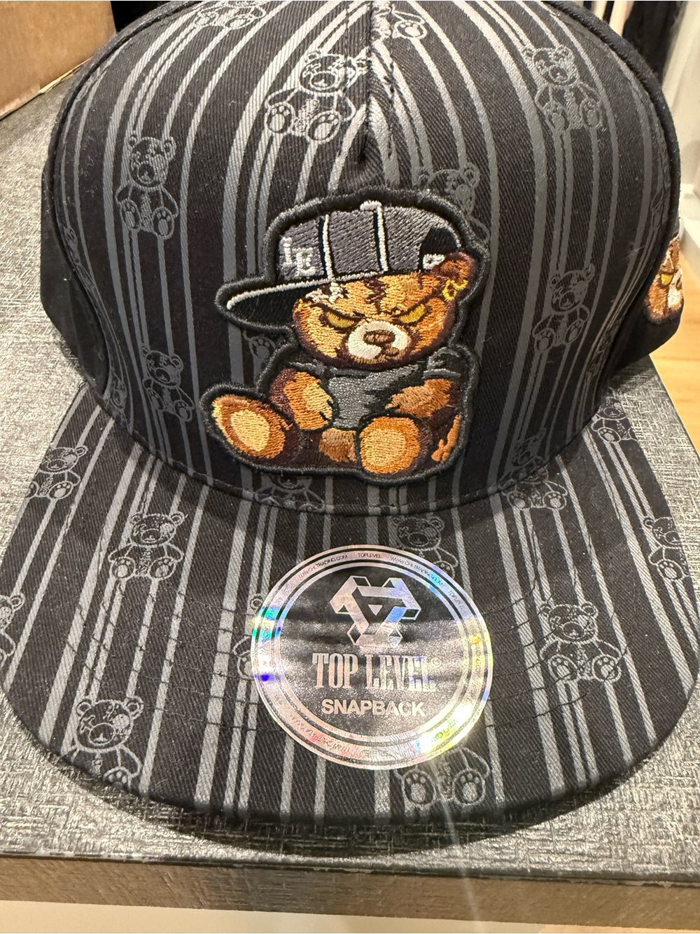 Black Teddy Bear Pattern Snapback Hat